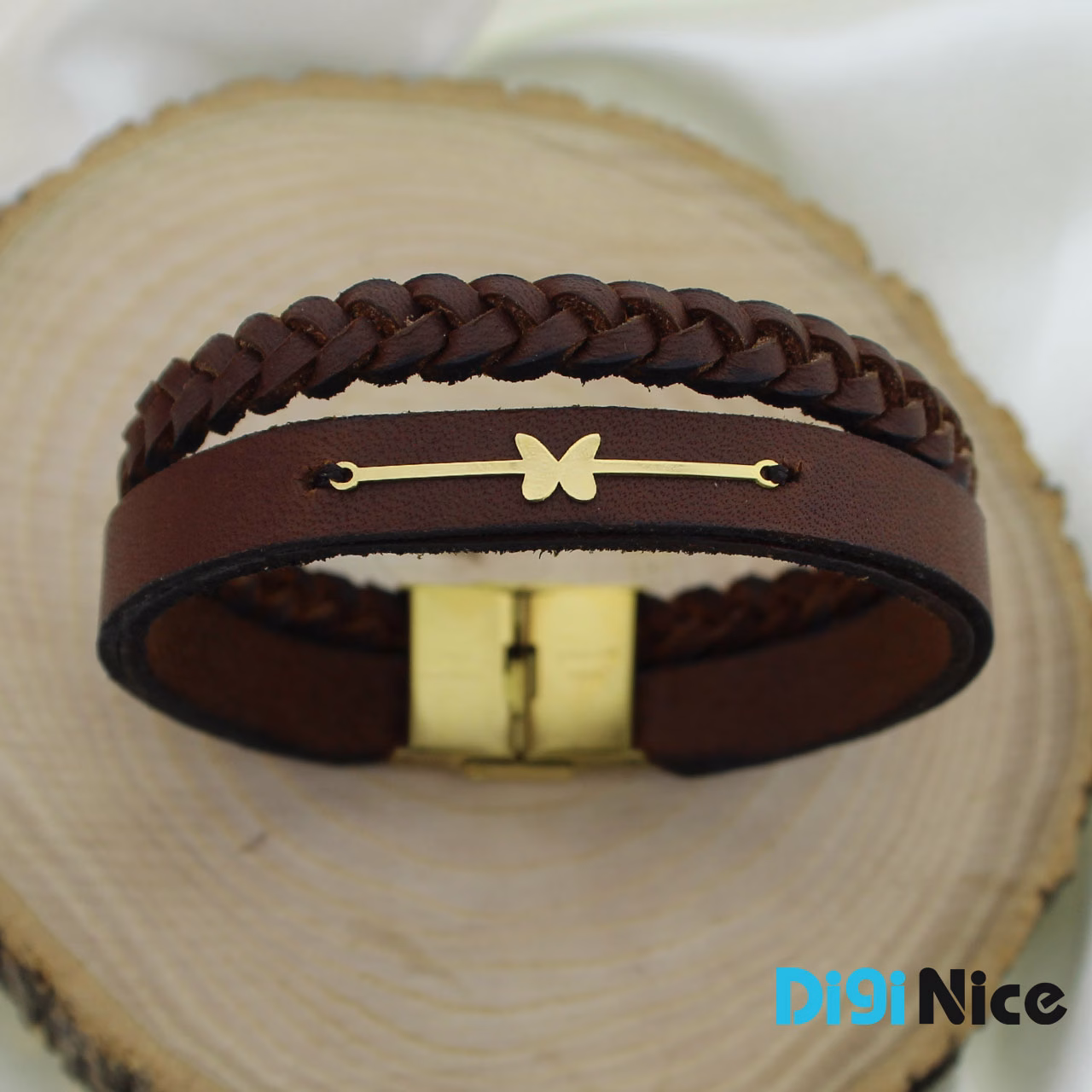 دستبند چرم طرح پروانه با پلاک طلا 18 عیار (کد DN-B0028)