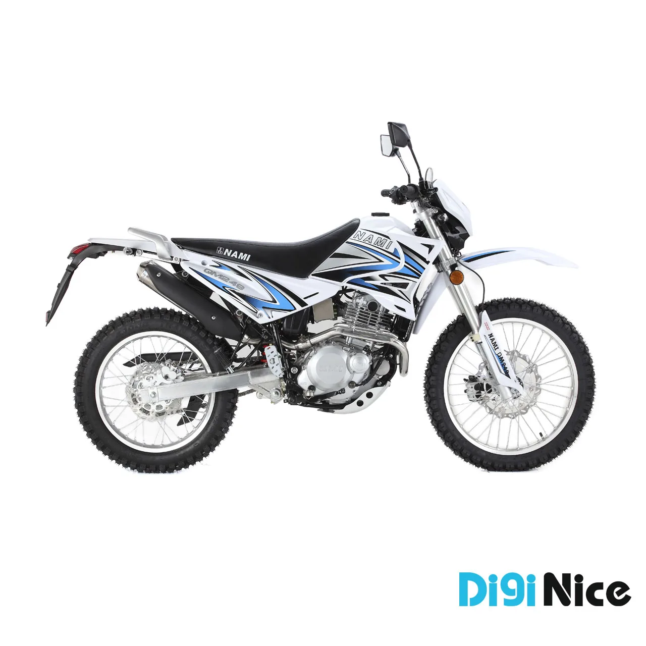 موتور سیکلت نامی تریل مدل QM249 رنگ سفید آبی- نمای بغل